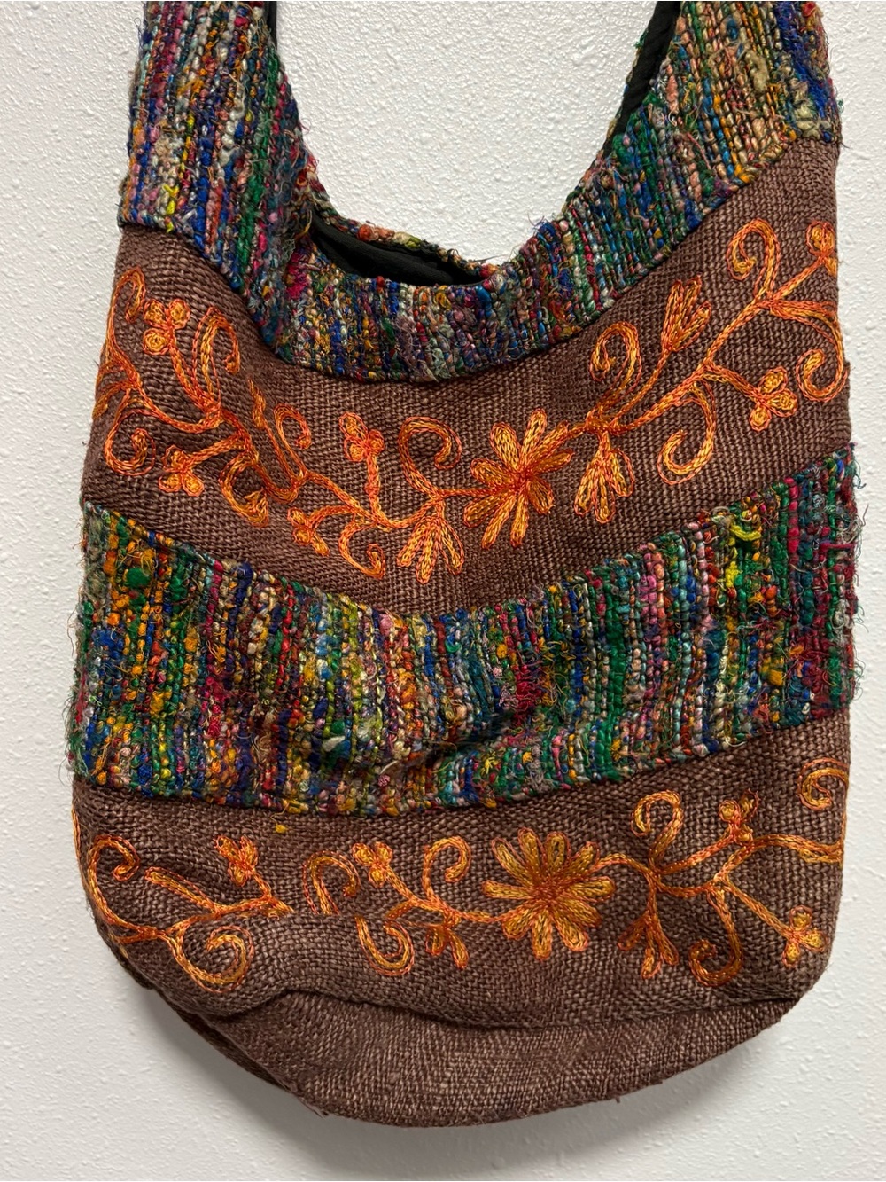 Artisan Embroidered Hippie Slouchy Sling Bag 100% Cotton Made in Nepal
